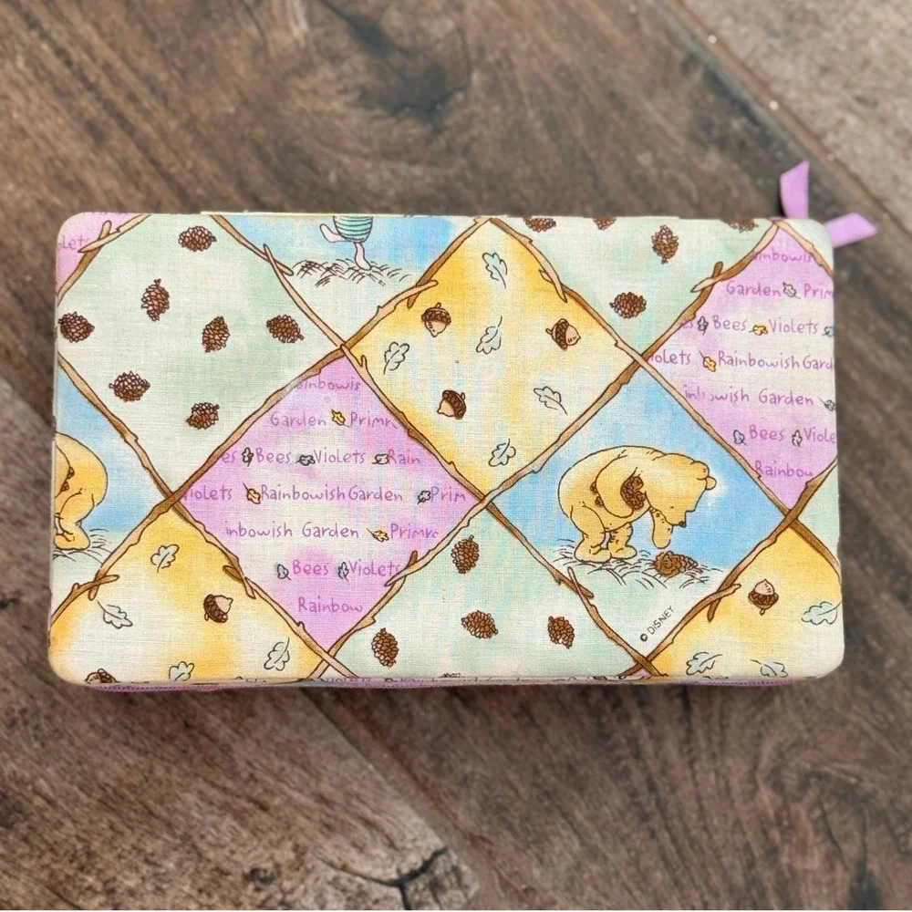 Disney Winnie the Pooh Vintage Pastel Patchwork Fabric Zip Closure Jewelry Case